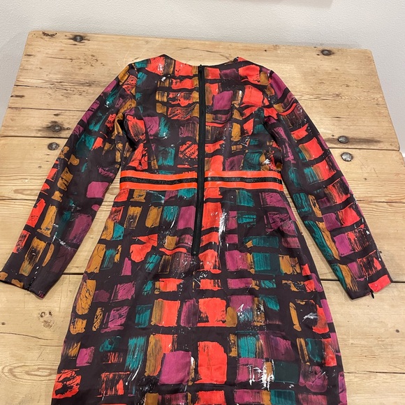 Milly Multicolor black and orange dress with patent leather waist band 100% silk - Picture 3 of 7